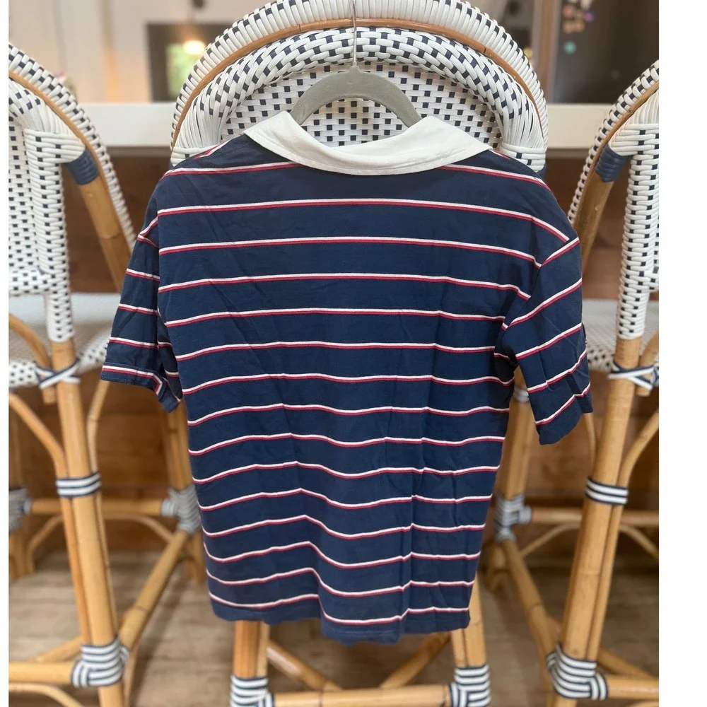 Old Navy Boys Navy Blue Striped Rugby Polo Shirt Shaka Patch Size L 10-12